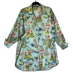Zara Green Tropical Hawaiian Tiger Print Satin Oversized Shirt Dress Tunic